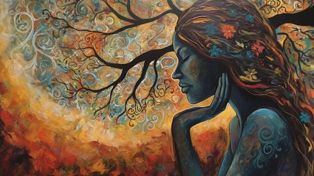 A painting of a woman with a tree on her head