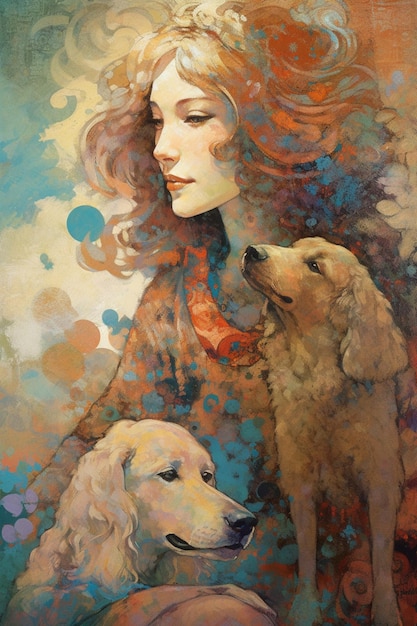 A painting of a woman with two dogs