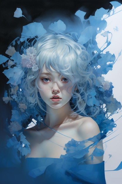 Painting of a woman with white hair and blue flowers in her hair generative ai