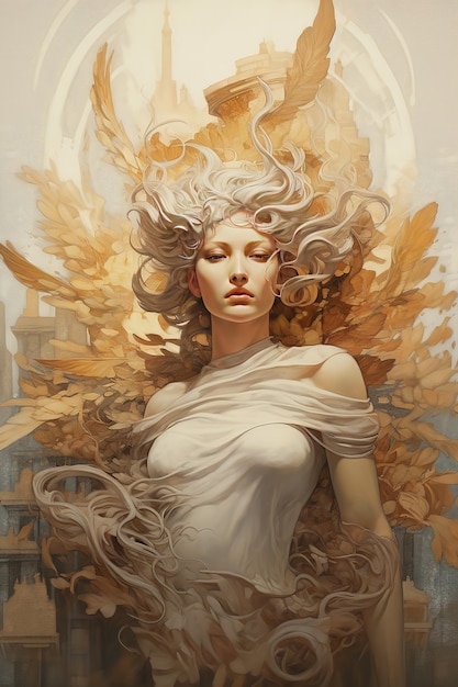 A painting of a woman with white hair and a golden sun on her head.