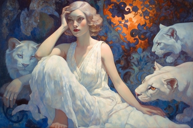 A painting of a woman with white hair and a white cat.
