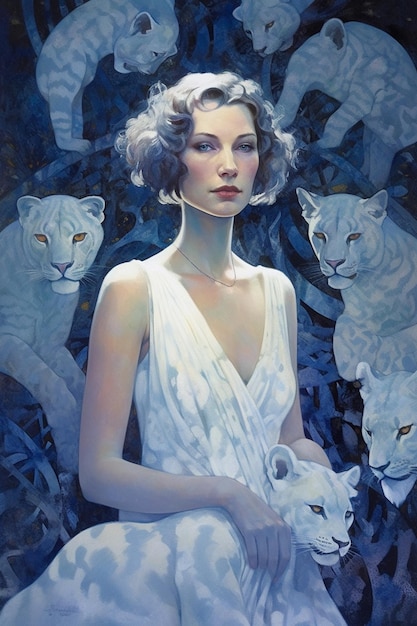 A painting of a woman with white tigers on her chest.