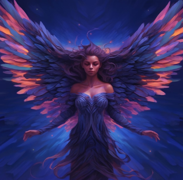 Painting of a woman with wings in a blue dress generative ai