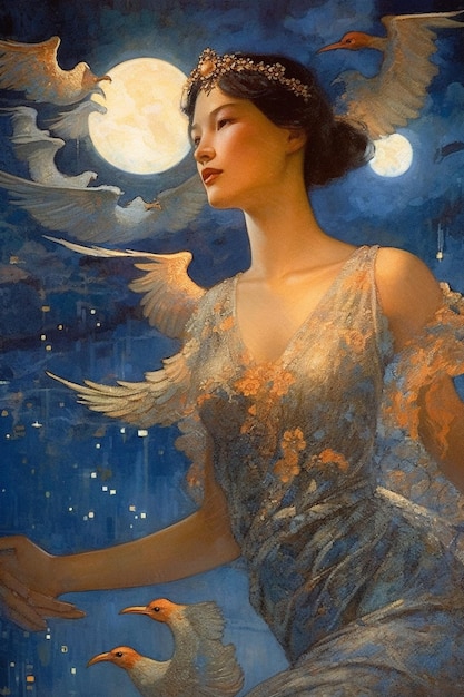 A painting of a woman with wings and a moon.