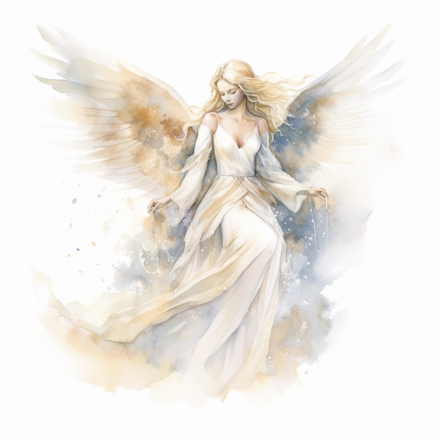 Photo painting of a woman with wings in a white dress generative ai