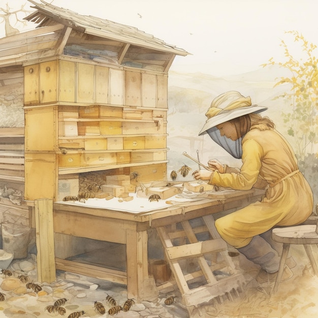 painting of a woman in a yellow dress and hat working on a beehive generative ai