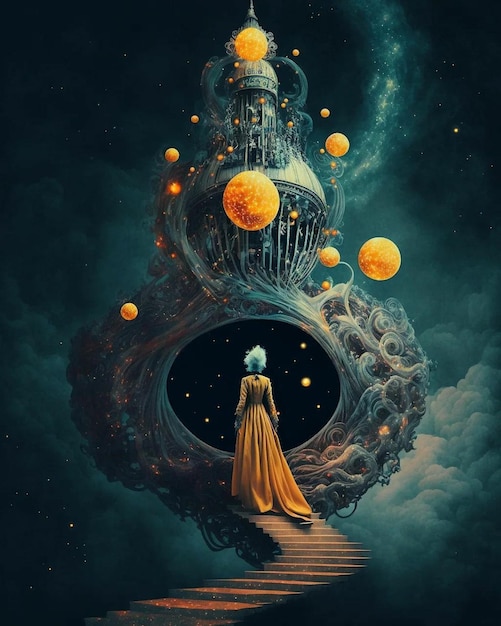 A painting of a woman in a yellow dress standing in front of a building with a moon and stars.