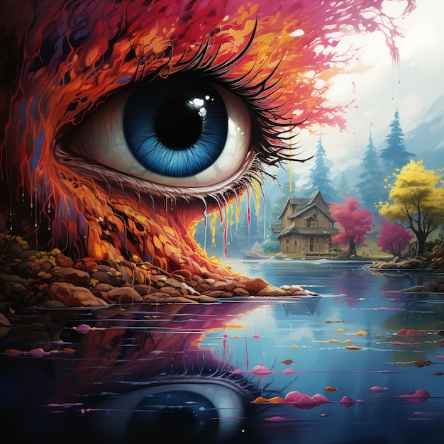 painting of a womans eye with a house in the background generative ai