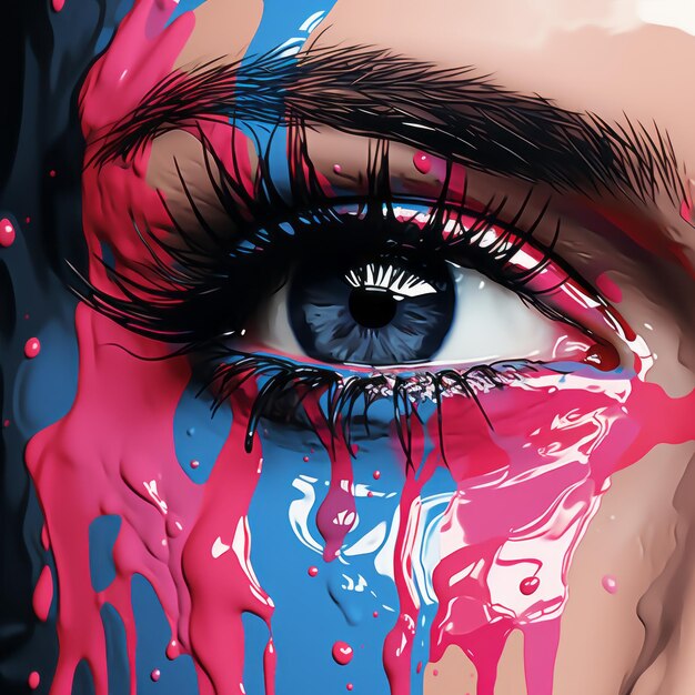 A painting of a womans eye with pink and blue paint