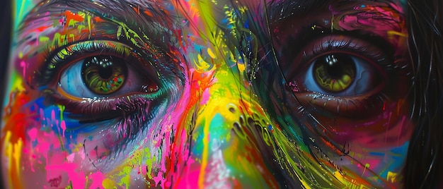 a painting of a womans eyes with colorful paint