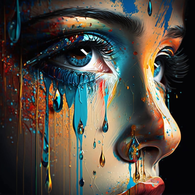 painting of a womans face with colorful paint and tears generative ai