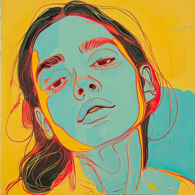 A painting of a womans face on a yellow background