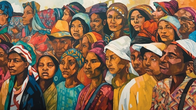 A painting of women in colorful clothing with the word women on it.