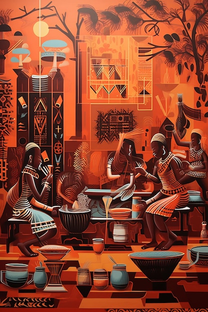 a painting of women cooking in a restaurant.