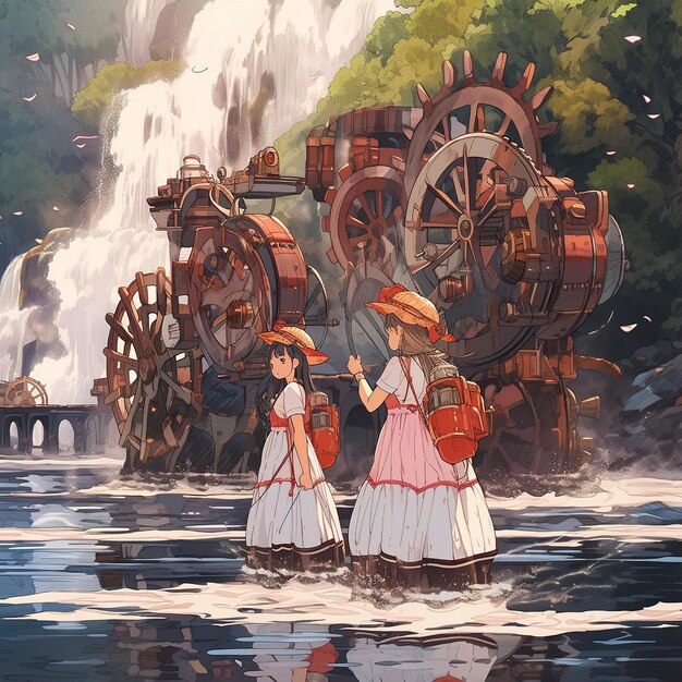 A painting of women in front of a water wheel