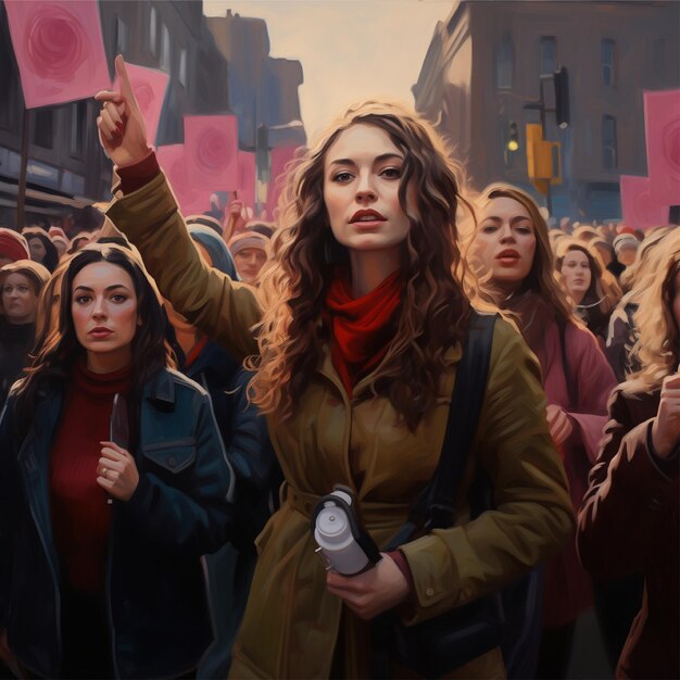 군중 가운데 표지판을 들고 있는 여성들의 그림