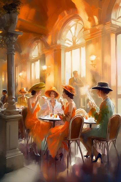 A painting of women in orange dresses and hats sitting at a table with drinks in front of them.