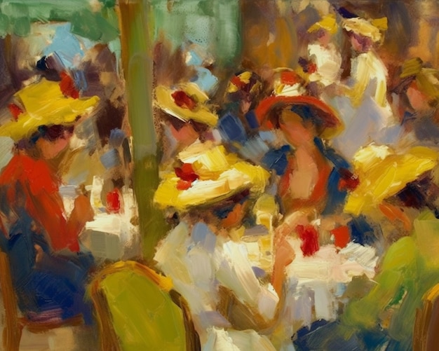 A painting of women wearing hats and a red hat.