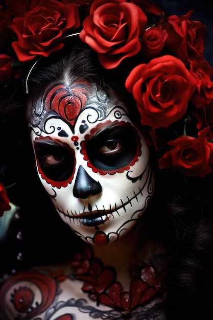 a painting women with rose Dia de Muertos