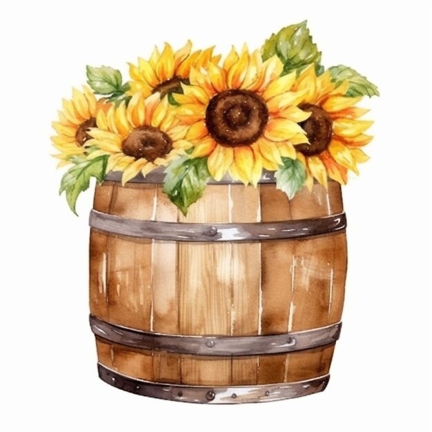 Photo a painting of a wooden barrel with sunflowers in it generative ai