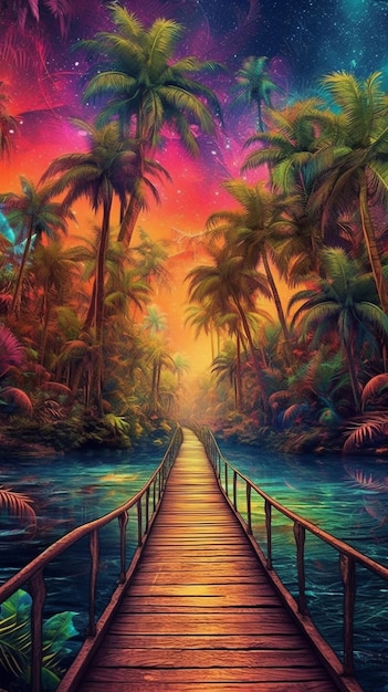 A painting of a wooden bridge over a river with palm trees generative ai