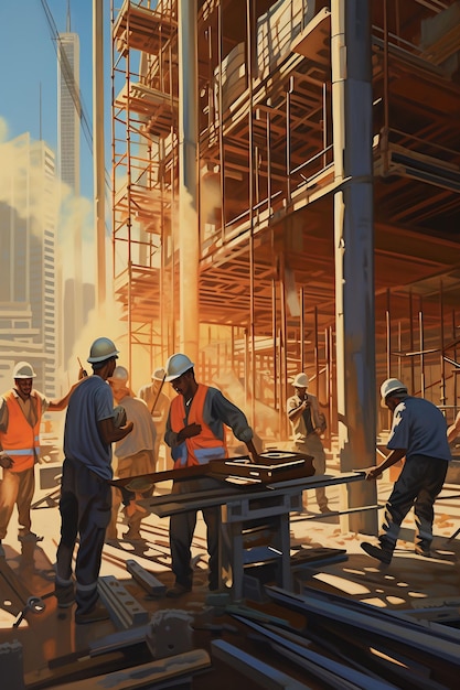 a painting of workers at a construction site