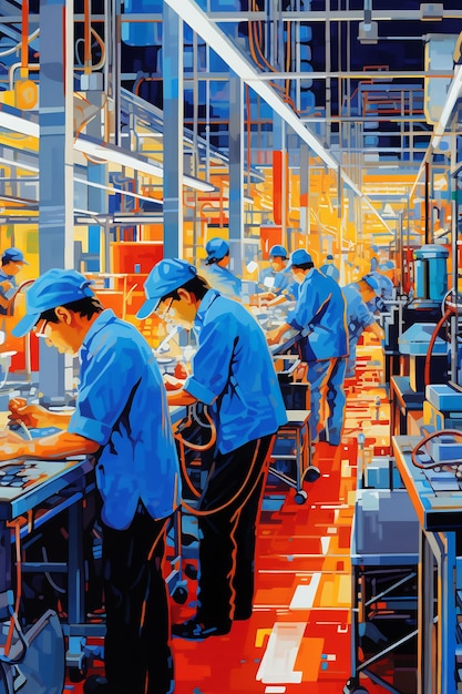 a painting of workers working in a factory