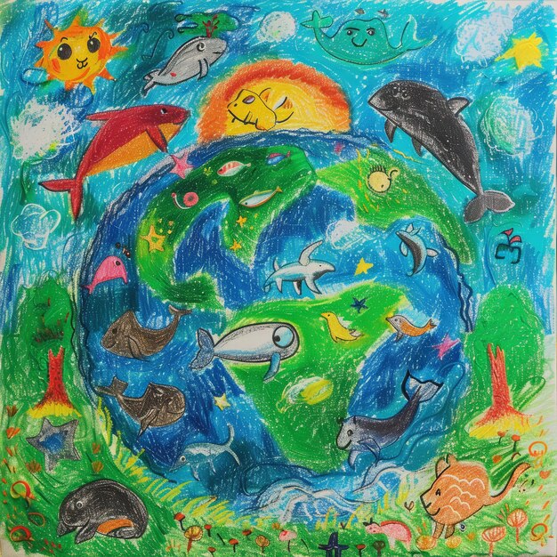 a painting of a world with animals