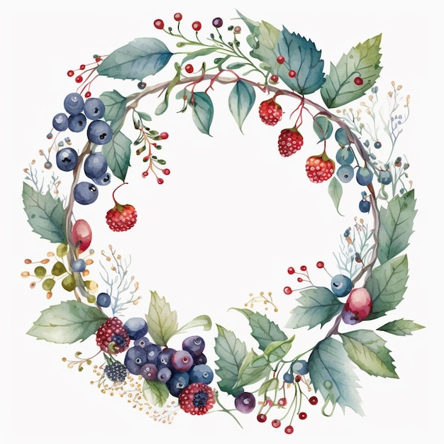 Photo a painting of a wreath of berries and leaves with berries generative ai