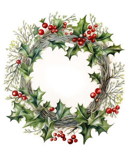 a painting of a wreath of holly leaves and berries generative ai
