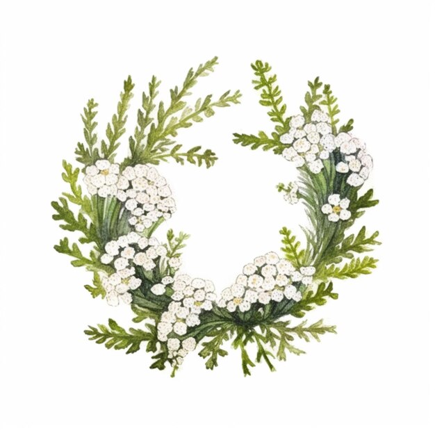 a painting of a wreath of white flowers and green leaves generative ai