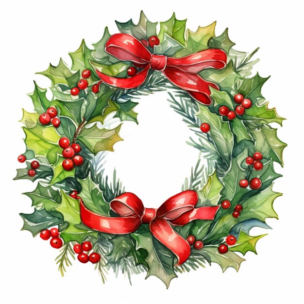 a painting of a wreath with holly leaves and red berries generative ai