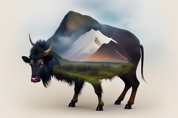 Photo a painting of a yak with mountains and trees