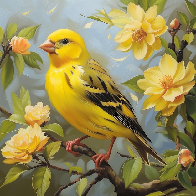 painting of a yellow bird perched on a branch of a tree with flowers generative ai