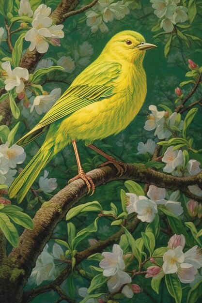 A painting of a yellow bird with green feathers and yellow wings sits on a branch of a tree with flowers.