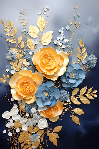 a painting of yellow and blue flowers on a blue background Gouache Painting of a Mustard color