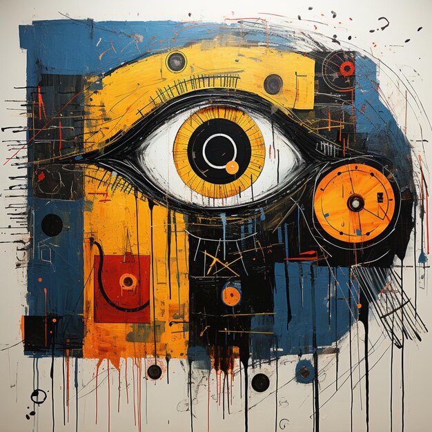 Painting of a yellow eye with a blue background and red and yellow circles generative ai