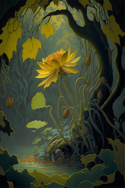 Painting of a yellow flower in a forest generative ai