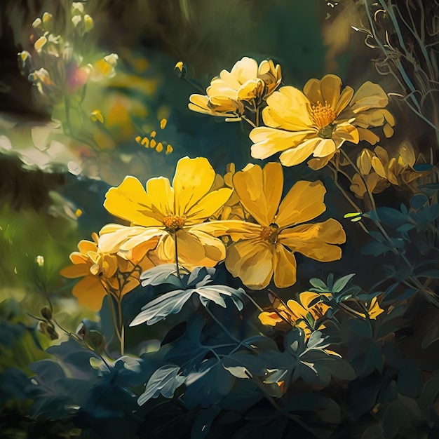 A painting of yellow flowers in a garden