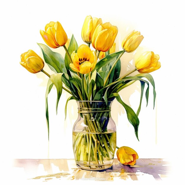 A painting of yellow flowers in a glass jar.