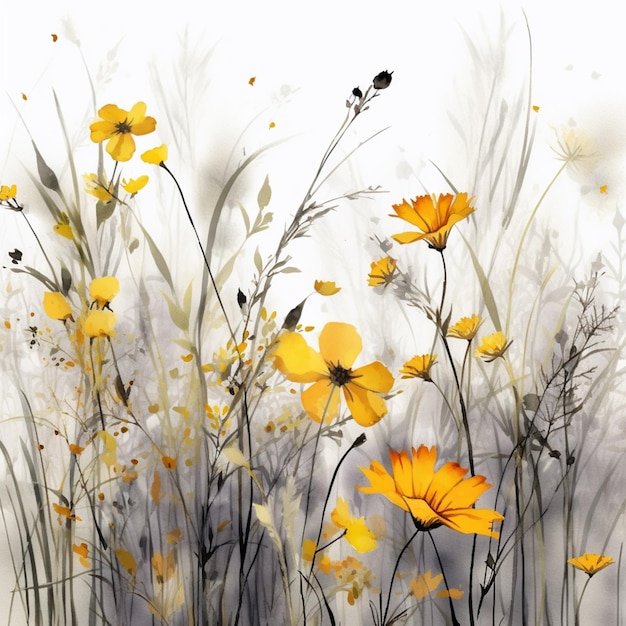 A painting of yellow flowers in the grass