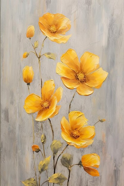 painting of yellow flowers on a gray background with green leaves generative ai