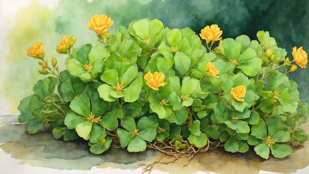 a painting of yellow flowers on a green plant