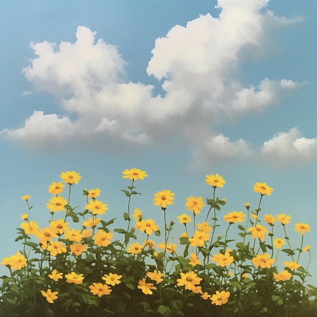A painting of yellow flowers with the sky in the background.