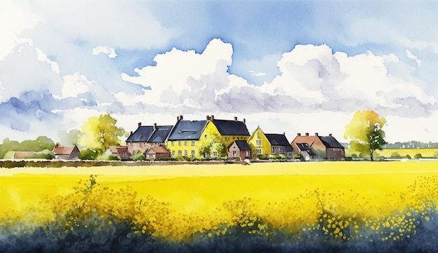 Photo a painting of a yellow house in a field of yellow flowers.