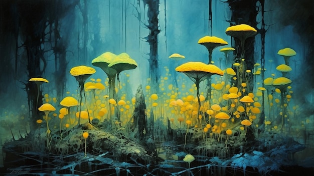 A painting of yellow mushrooms in a forest