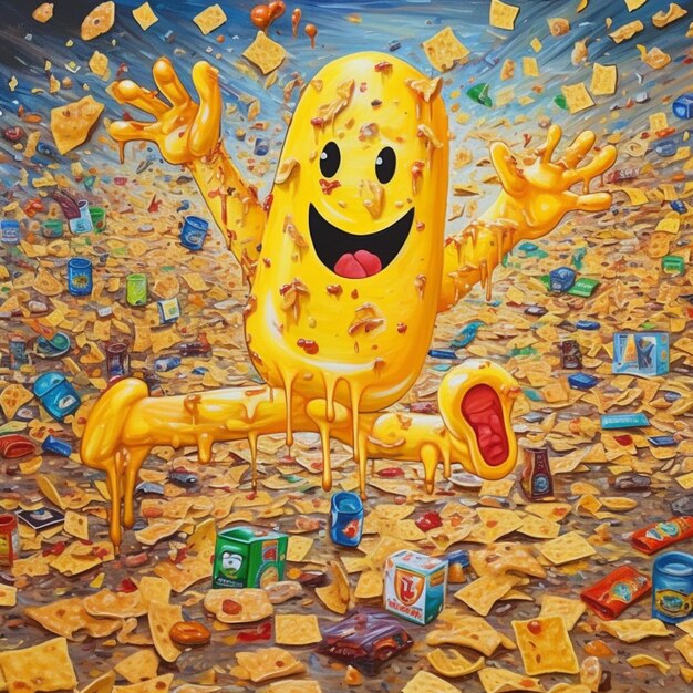 painting of a yellow object with a smiley face surrounded by junk generative ai