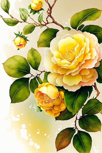 Painting of a yellow rose with green leaves generative ai