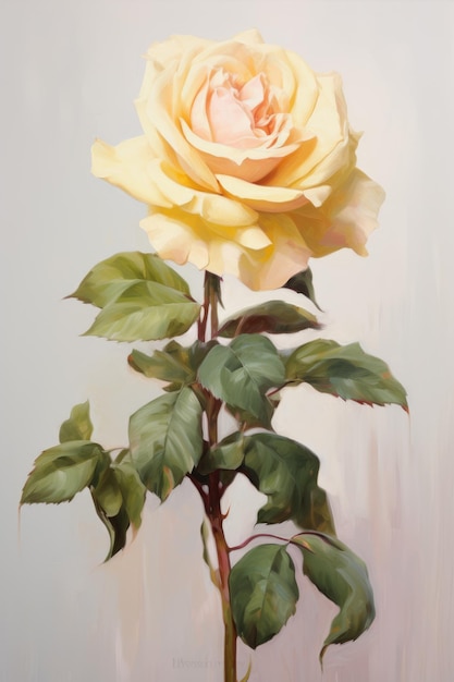 A painting of a yellow rose with green leaves