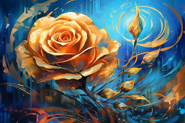 A painting of a yellow rose with leaves on it